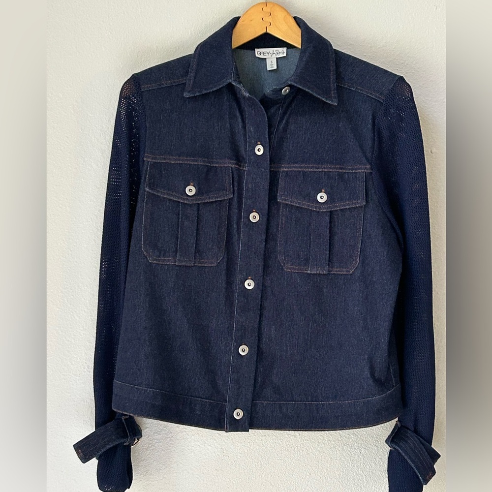 Lightweight Moto-Inspired “Denim Jacket” w/Mesh Knit Sleeve & Embellishment
